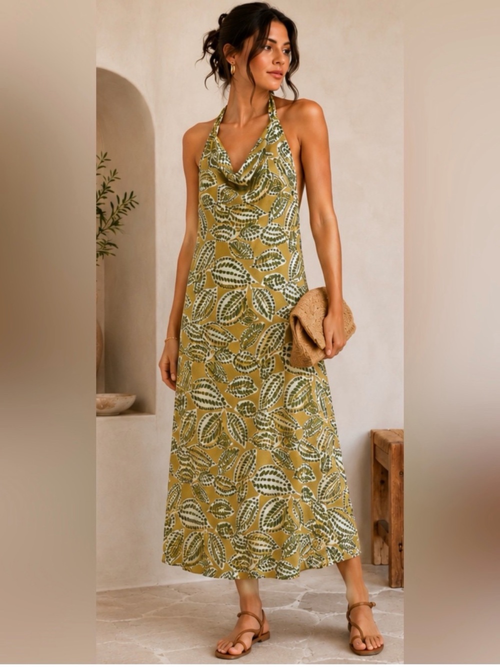 Zara Yellow and Green Halter-Style Maxi Dress